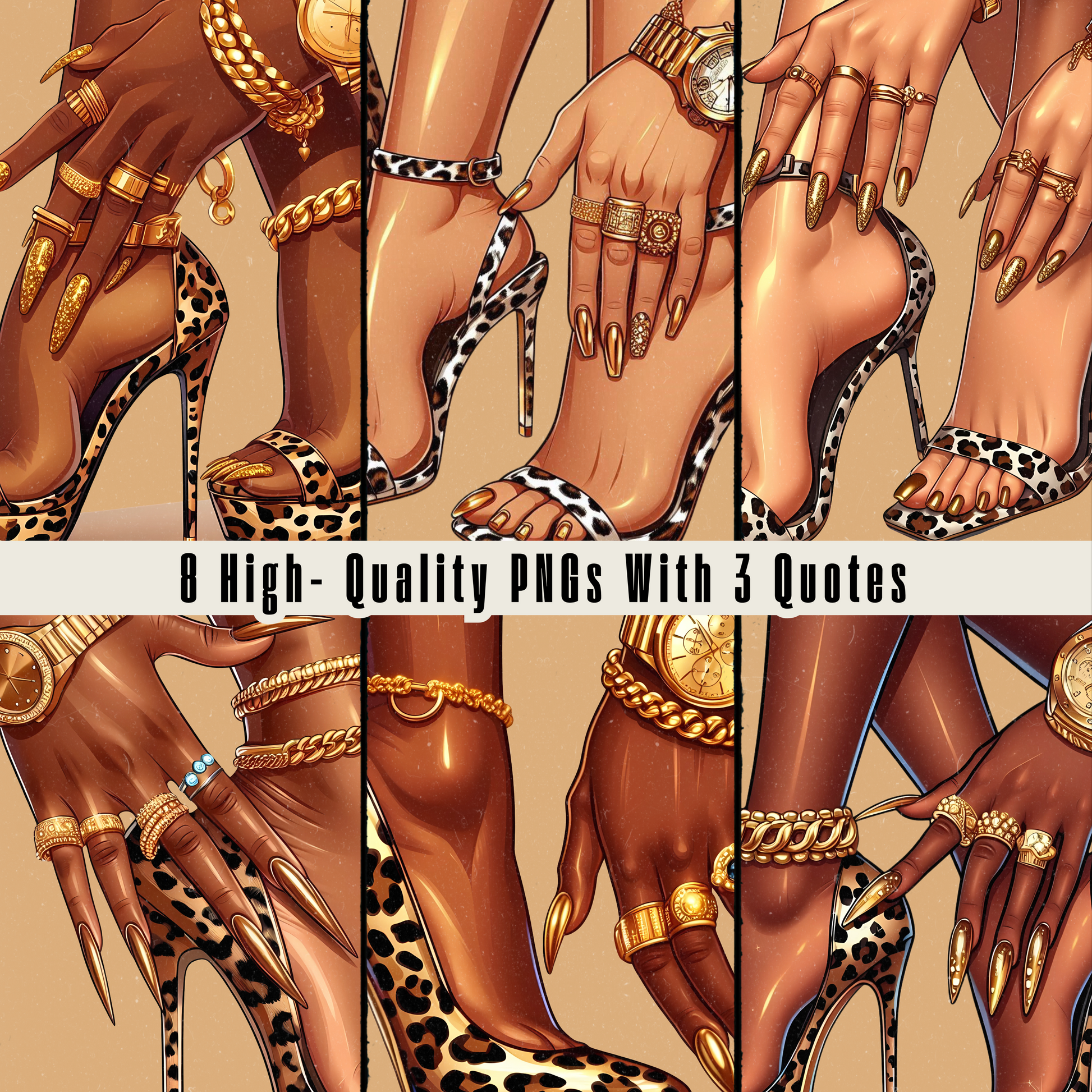 💎 8-PNG Boss Babe Bundle – Gold Jewelry, Gold Nails & Animal Print Heels (with 3 Bonus Quotes) 💎