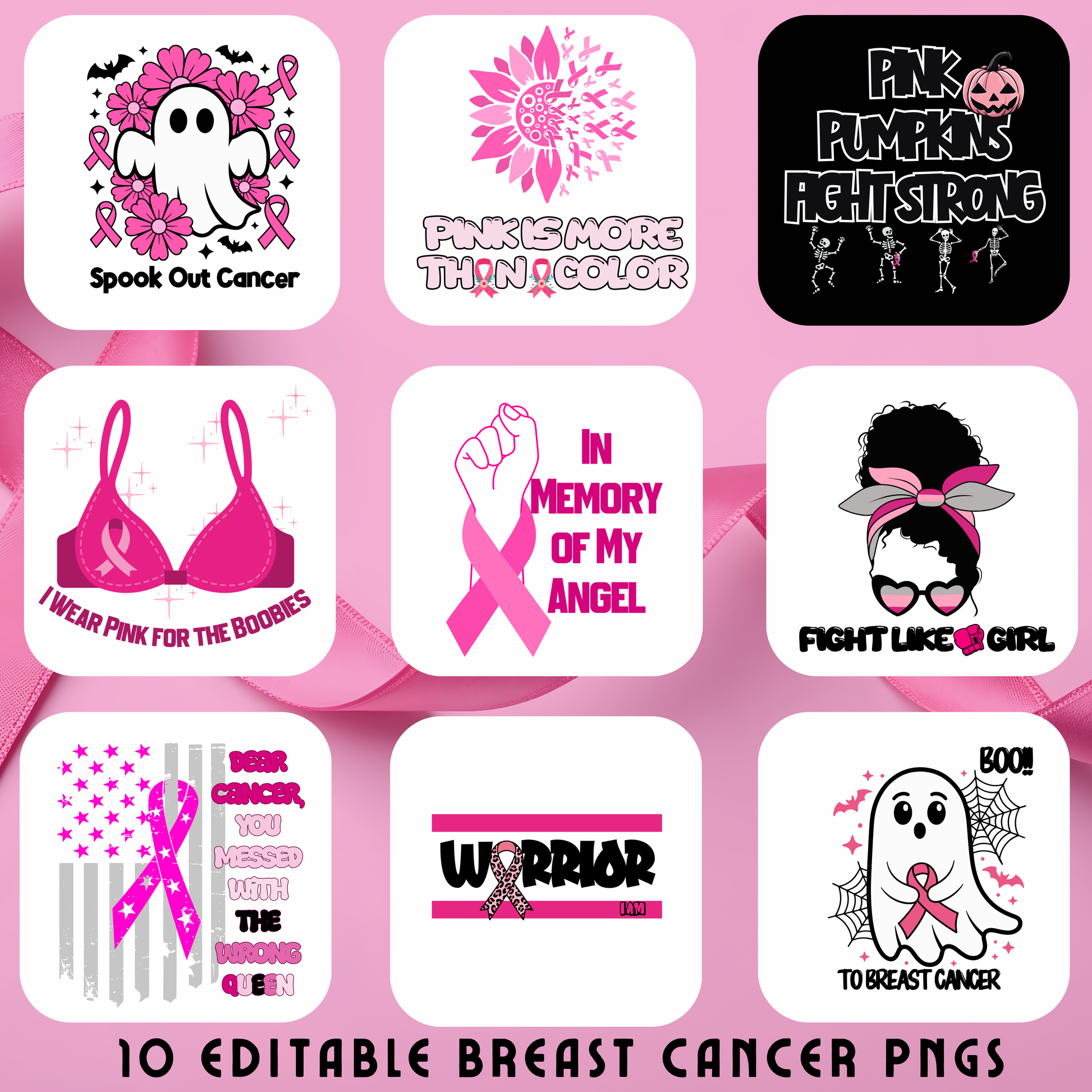 🎃🎀 10 Editable Halloween + Breast Cancer Awareness PNGs – Canva Templates 🎀🎃