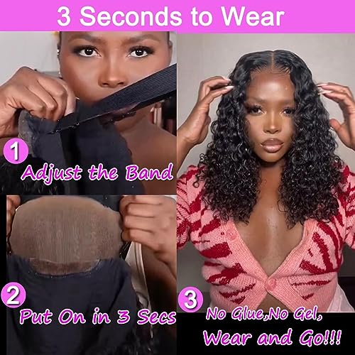 Srakuw Wear and Go Glueless Wigs Human Hair Pre Plucked Pre Cut 4x4 Lace Front Wigs for Black Women Human Hair Glueless 180% Density Water Wave Bob Wig Human Hair 30 Seconds Install for Beginners Curly Wig (14 Inch)